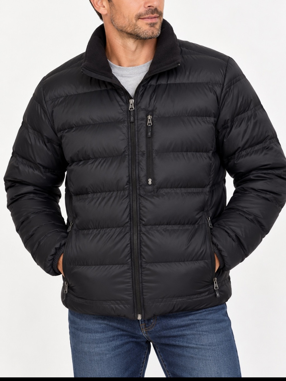 Free Country Men’s M Black Lightweight Puffer Jacket Fleece Collar Zip Pockets